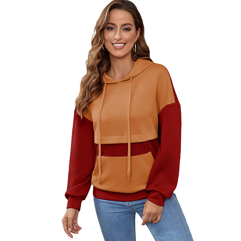 Sweat à capuche d’hiver pour femme – Style ample, épaules tombantes, à enfiler, avec patchwork contrasté