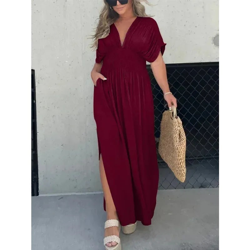 Robe Longue d’Été Femme – Manches Chauve-Souris, Col en V, Taille Élastique et Fente Élégante