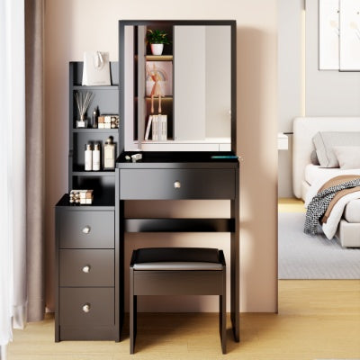 Coiffeuse compacte avec miroir coulissant et tabouret – Grand espace de rangement