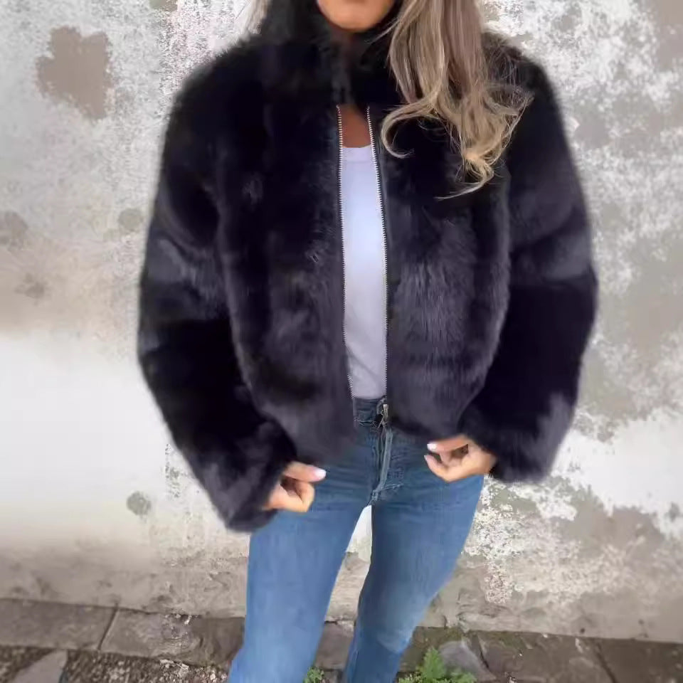 Veste en peluche femme – Col montant zippé, style décontracté hiver