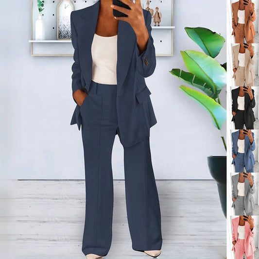 Ensemble Tailleur Femme Décontracté – Blazer Long à Boutons + Pantalon Slim avec Poches