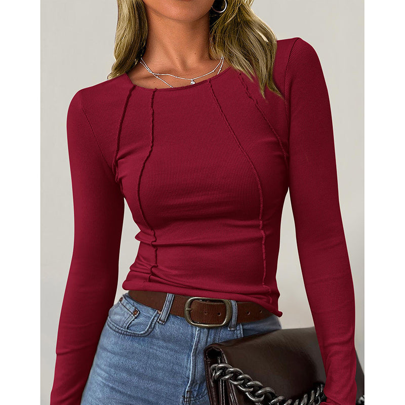 T-shirt Femme Manches Longues Col Rond – Coupe Ajustée, Mode Automne