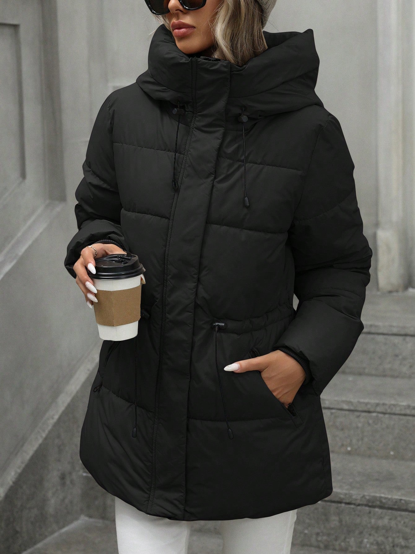 Manteau Matelassé Femme – Hiver, Longueur Mi-cuisse, Capuche & Taille Ajustable