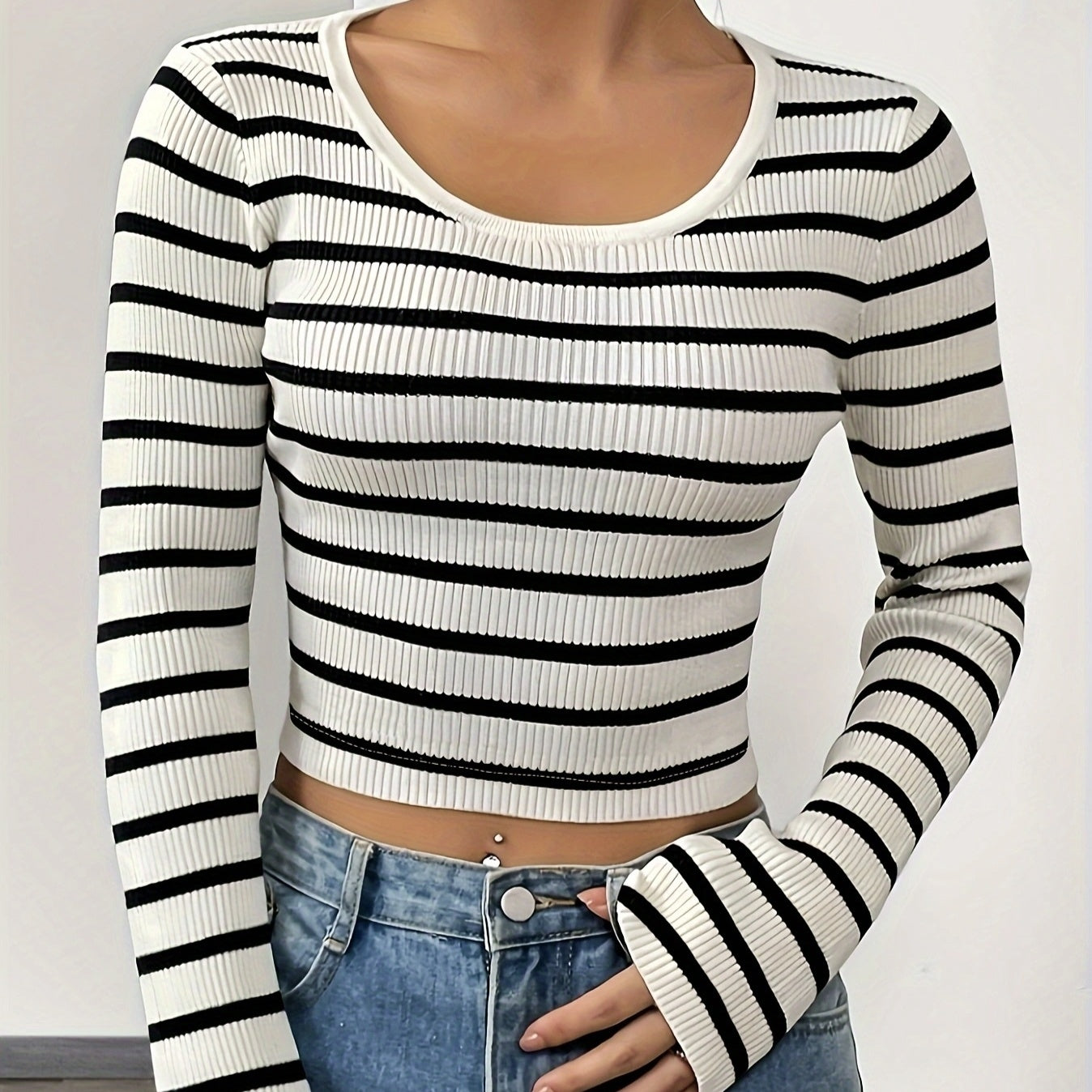 Haut Femme à Rayures – T-shirt Tricoté Ajusté à Manches Longues