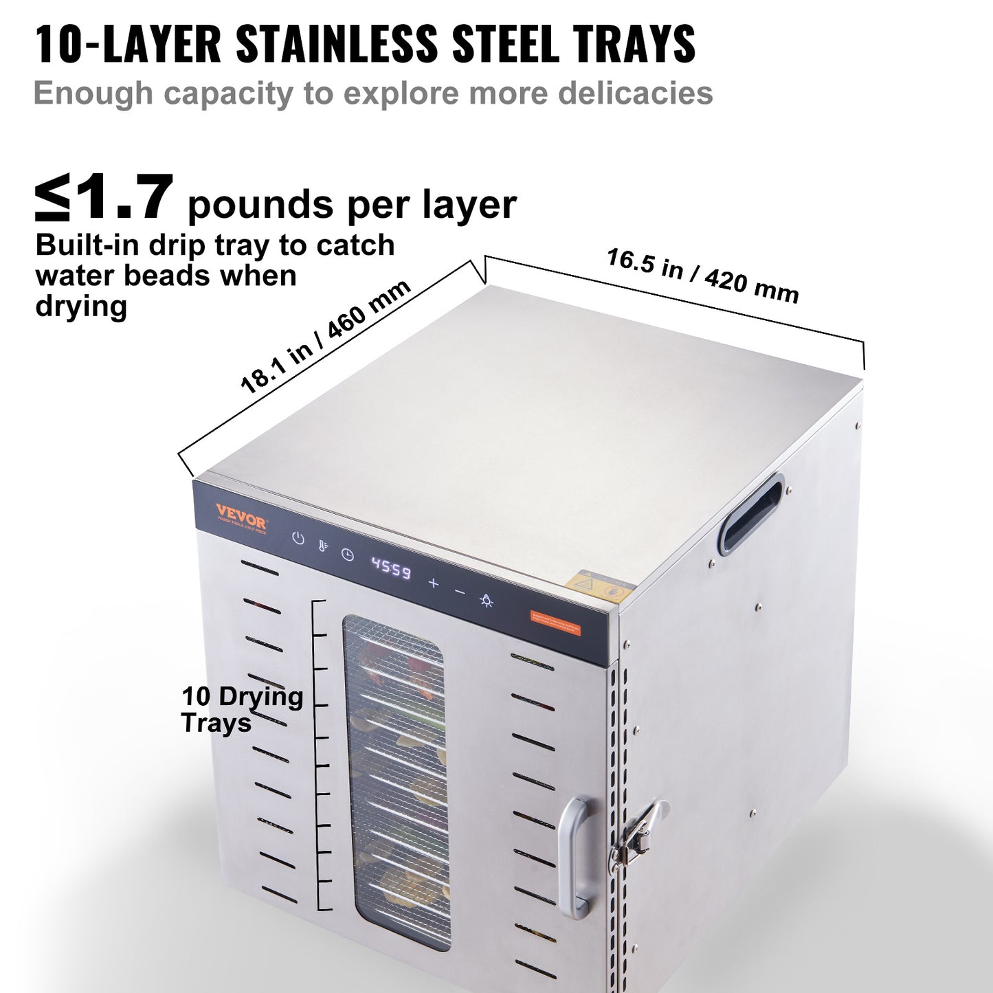 VEVOR-machine de déshydrateur de nourriture, 10 plateaux en acier inoxydable, séchoir électrique pour aliments 1000W avec minuterie numérique réglable et température pour le jerky, les herbes, la viande, le bœuf, les fruits, les friandises