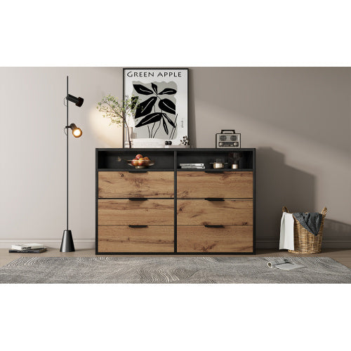 Commode / Buffet avec 6 tiroirs et 2 étagères ouvertes – Verre ambré, table de rangement anti-basculement pour salon, chambre ou chambre d’enfant – 120 × 40 × 80 cm, chêne
