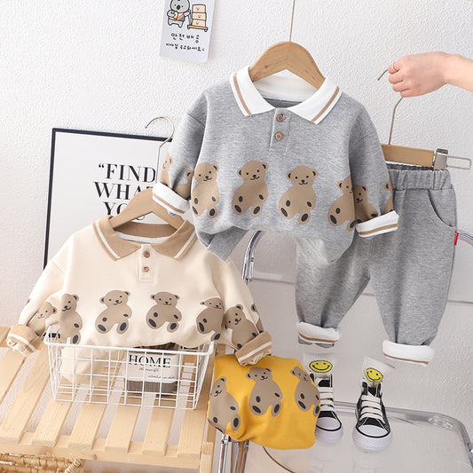Ensemble 2 pièces à capuche motif ours – Enfant, style occidental, col à revers