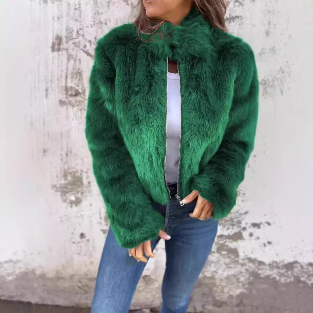 Veste en peluche femme – Col montant zippé, style décontracté hiver
