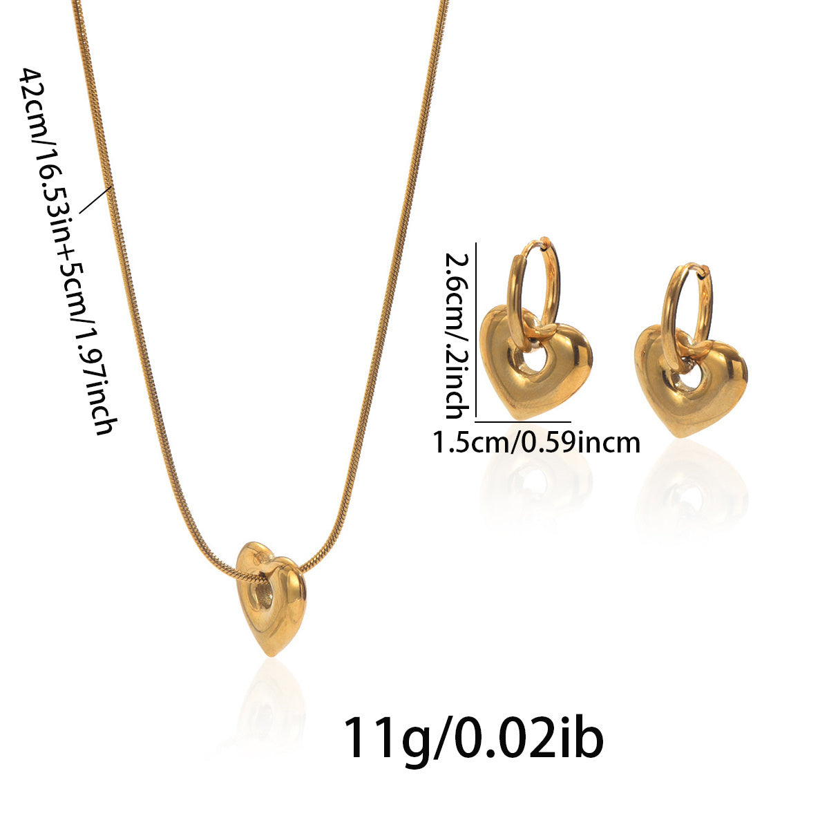 Ensemble Collier Pendentif Cœur et Boucles d’Oreilles Anneaux en Acier Inoxydable Doré 18K - Cadeau Élégant Étanche pour Femme