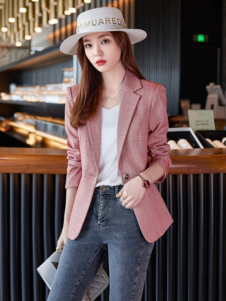Blazer Femme Court à Petits Carreaux Roses – Élégant, Tendance et Féminin