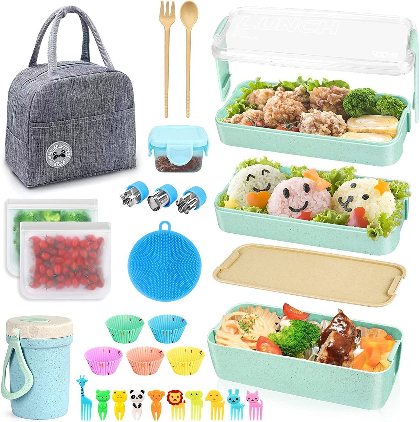 Ensemble bento japonais 27 pièces – Boîte à lunch, sac thermique, tasse petit-déjeuner et sac à goûter