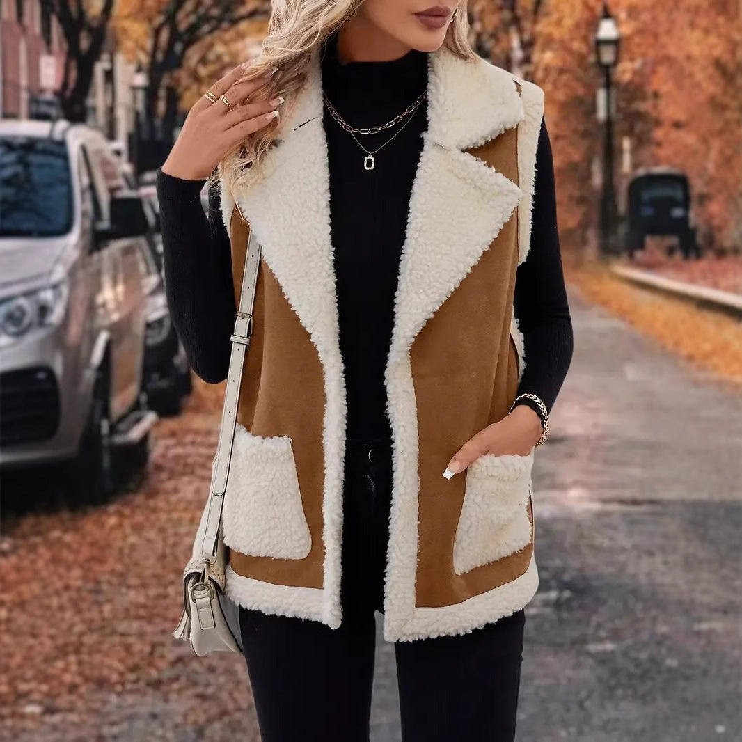 Gilet femme en laine d’agneau style européen et américain – Automne & Hiver, fourrure composite
