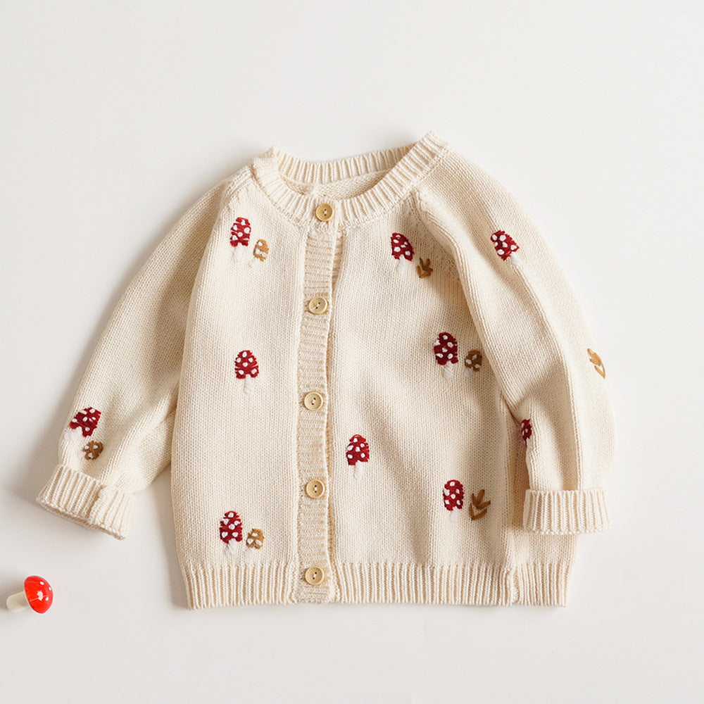 Cardigan tricoté pour enfants – Champignon mignon brodé en coton