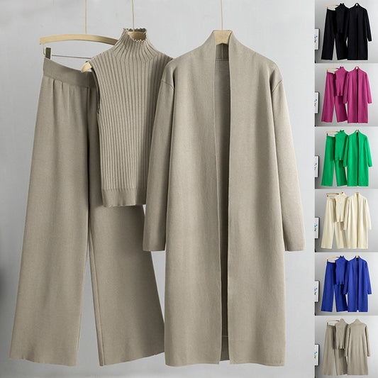 Ensemble 3 pièces femme – Pull sans manches, cardigan long et pantalon large
