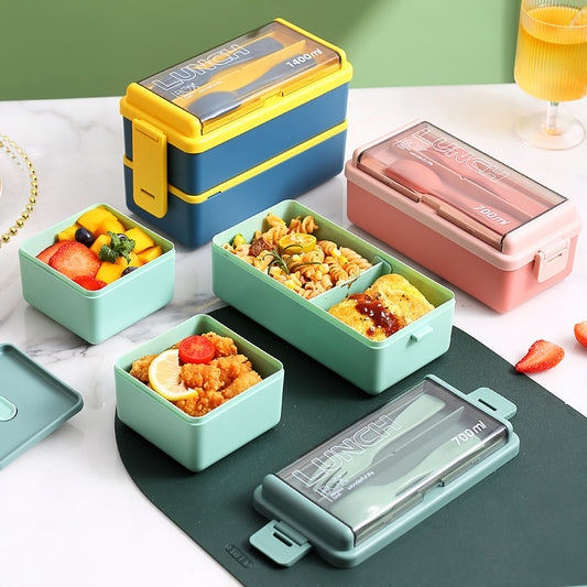 boite à déjeuner double couche avec séparateur + couverts- Etanche et portable/ Plastic Lunch Box Microwavable Lunch Box Set Double Layer Divider With Cutlery