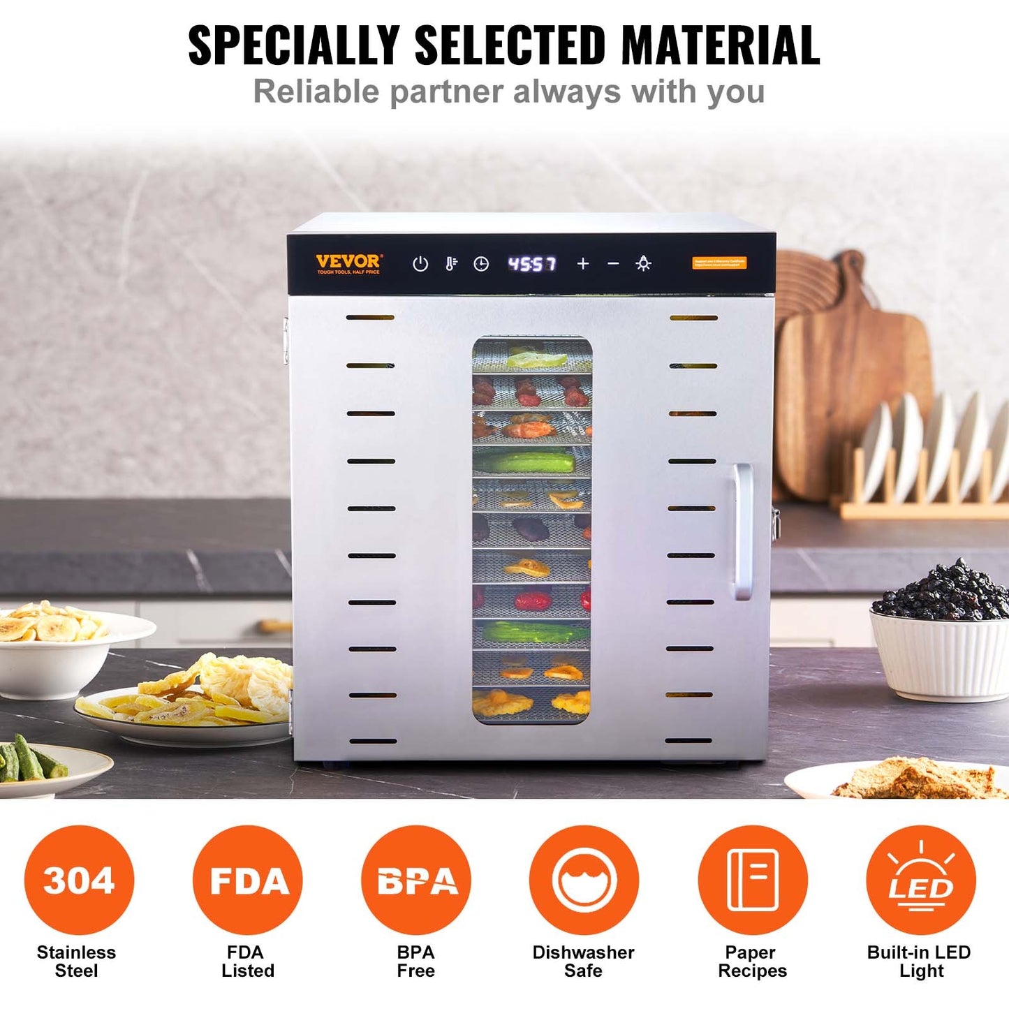 VEVOR-machine de déshydrateur de nourriture, 10 plateaux en acier inoxydable, séchoir électrique pour aliments 1000W avec minuterie numérique réglable et température pour le jerky, les herbes, la viande, le bœuf, les fruits, les friandises
