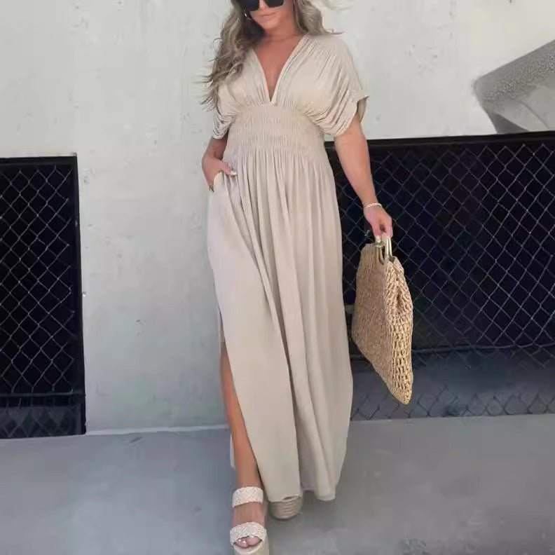 Robe Longue d’Été Femme – Manches Chauve-Souris, Col en V, Taille Élastique et Fente Élégante