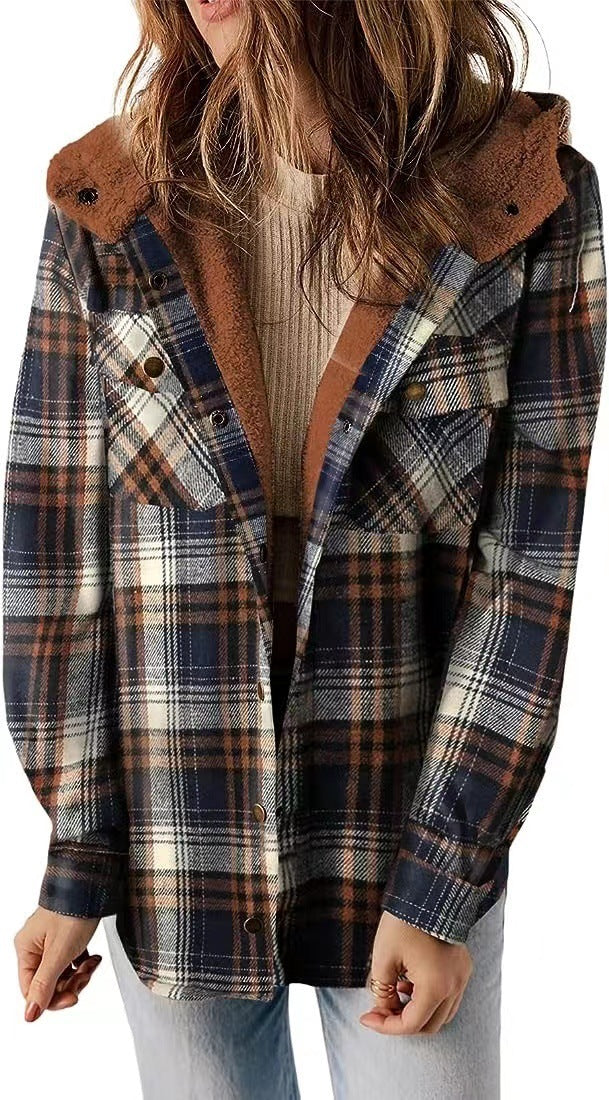 Manteau casual à carreaux avec capuche – Doublure polaire épaissie et chaud