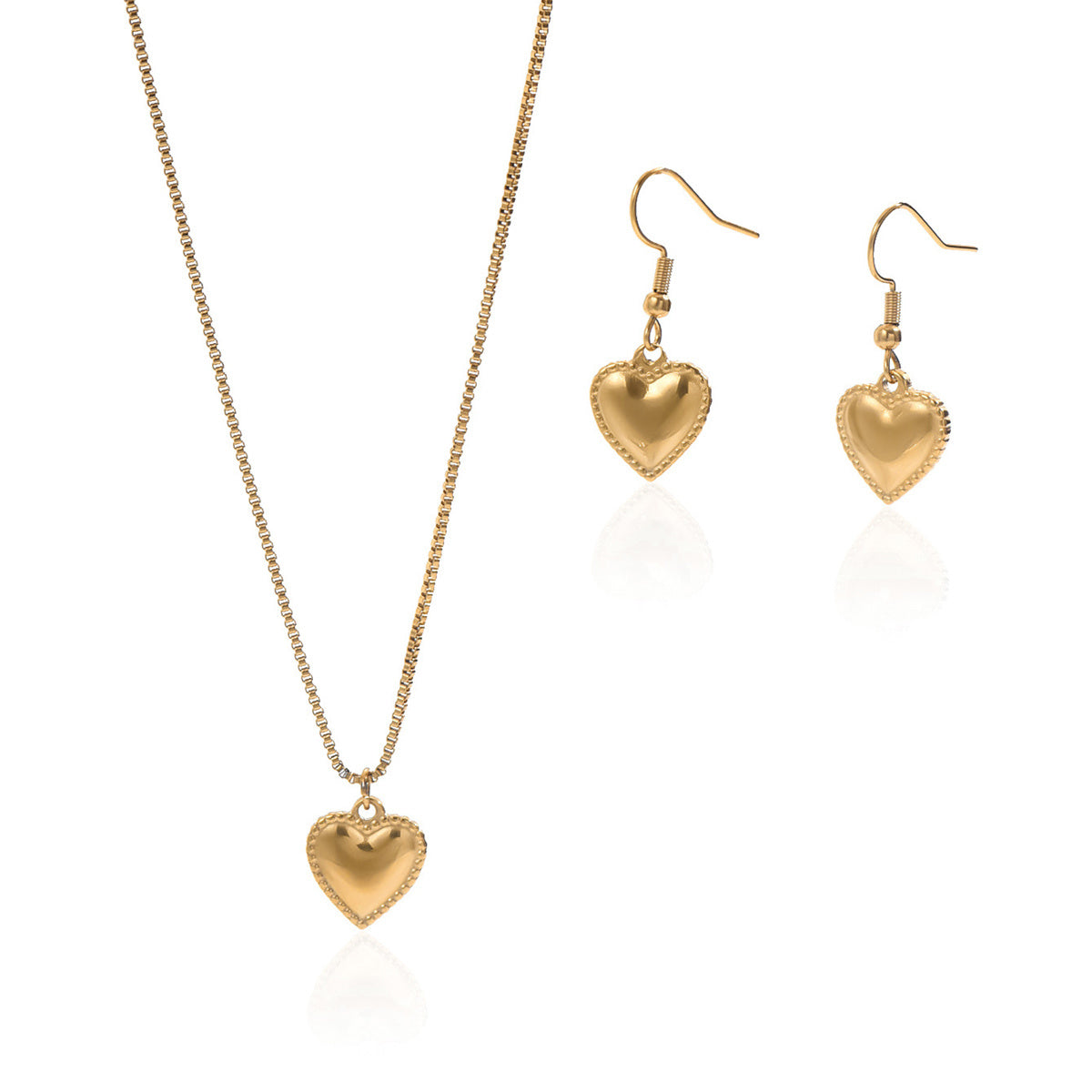 Ensemble Collier et Boucles d’Oreilles Cœur Bombé en Acier Inoxydable Doré 18K – Étanche & Hypoallergénique