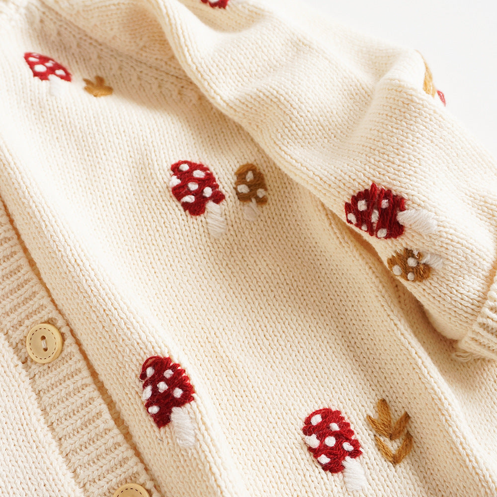 Cardigan tricoté pour enfants – Champignon mignon brodé en coton