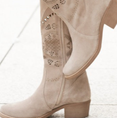 Bottes hautes femme automne & hiver – Suède à fleurs brûlées, talon moyen, fermeture éclair latérale, pointures 40 à 43