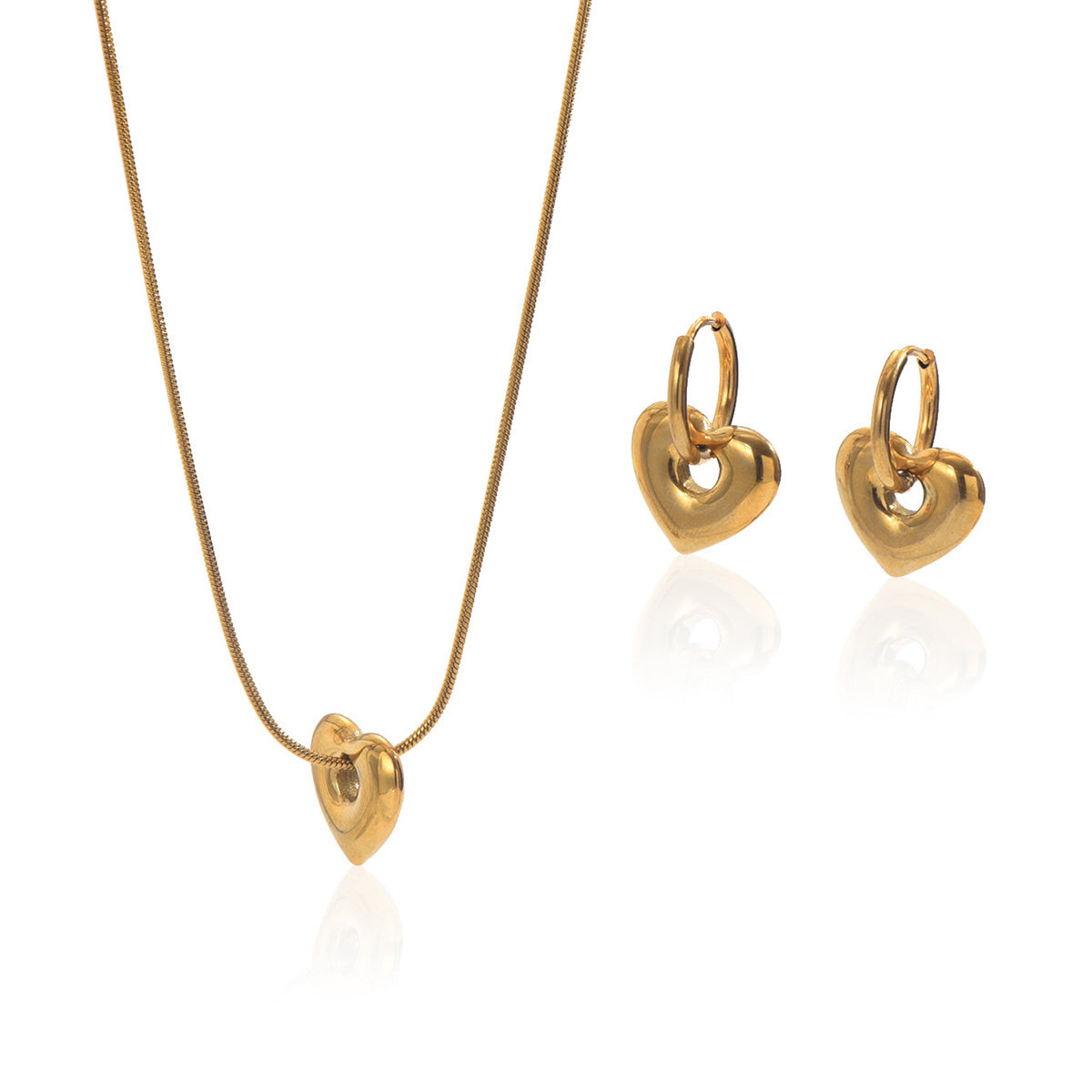 Ensemble Collier Pendentif Cœur et Boucles d’Oreilles Anneaux en Acier Inoxydable Doré 18K - Cadeau Élégant Étanche pour Femme