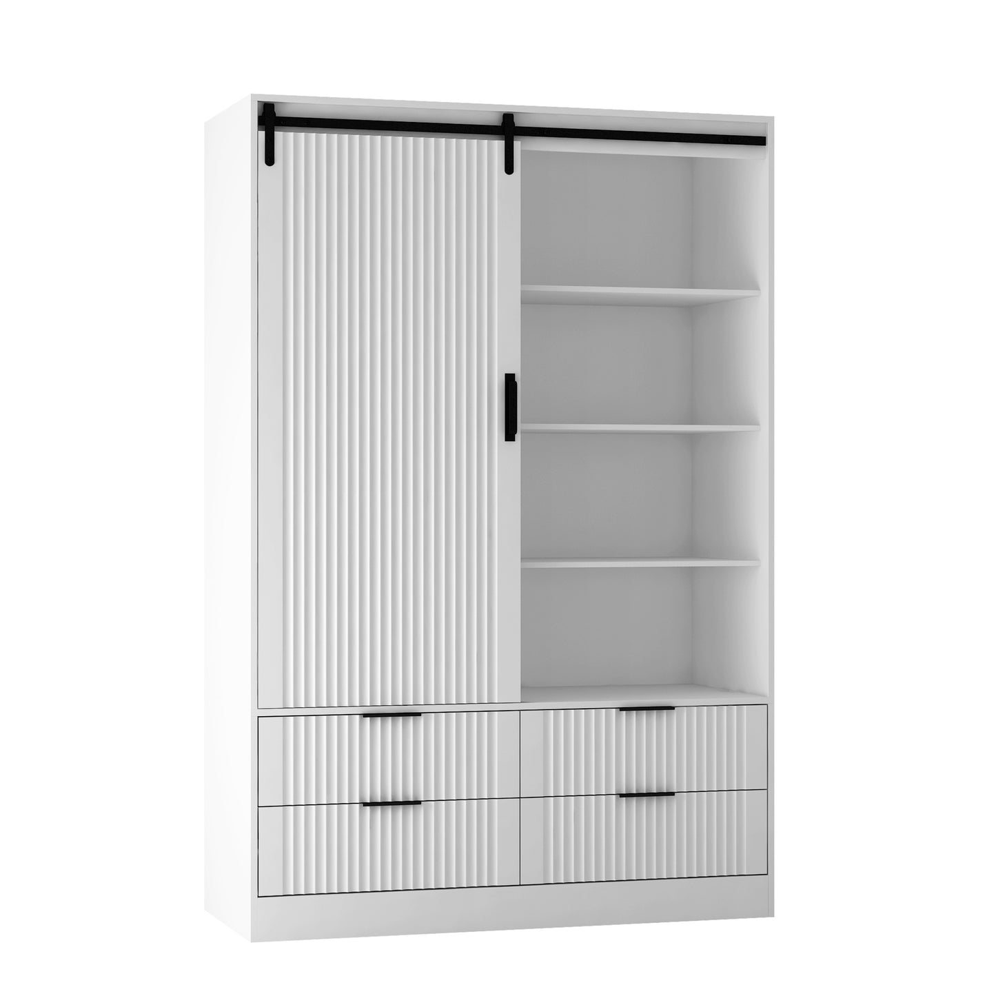Armoire penderie blanche – Style grange, avec tringle, tiroirs et étagères ouvertes