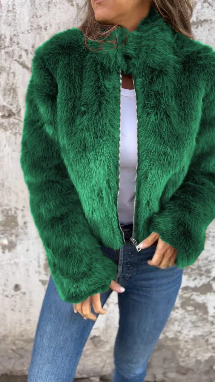 Veste en peluche femme – Col montant zippé, style décontracté hiver