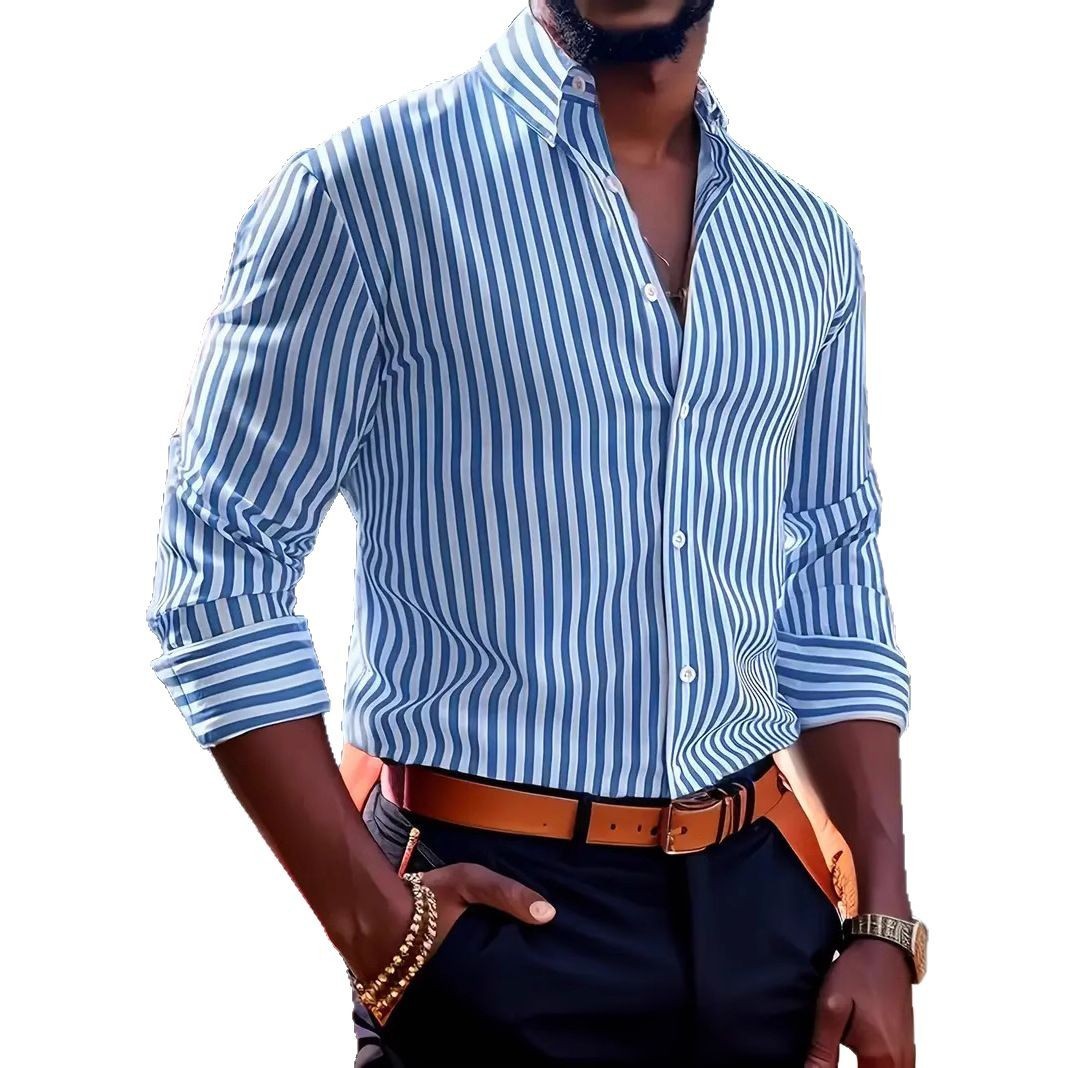 Chemise Homme à Rayures – Manches Longues, Col Revers, Style Décontracté