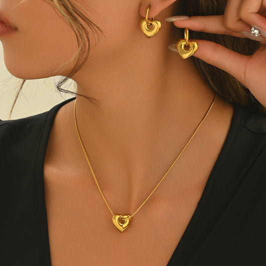 Ensemble Collier Pendentif Cœur et Boucles d’Oreilles Anneaux en Acier Inoxydable Doré 18K - Cadeau Élégant Étanche pour Femme