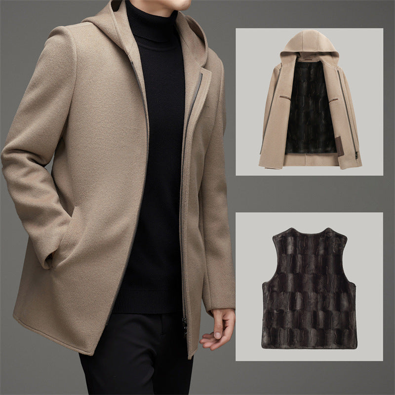 Manteau d’hiver homme à capuche – Manteau en laine réversible, version épaissie