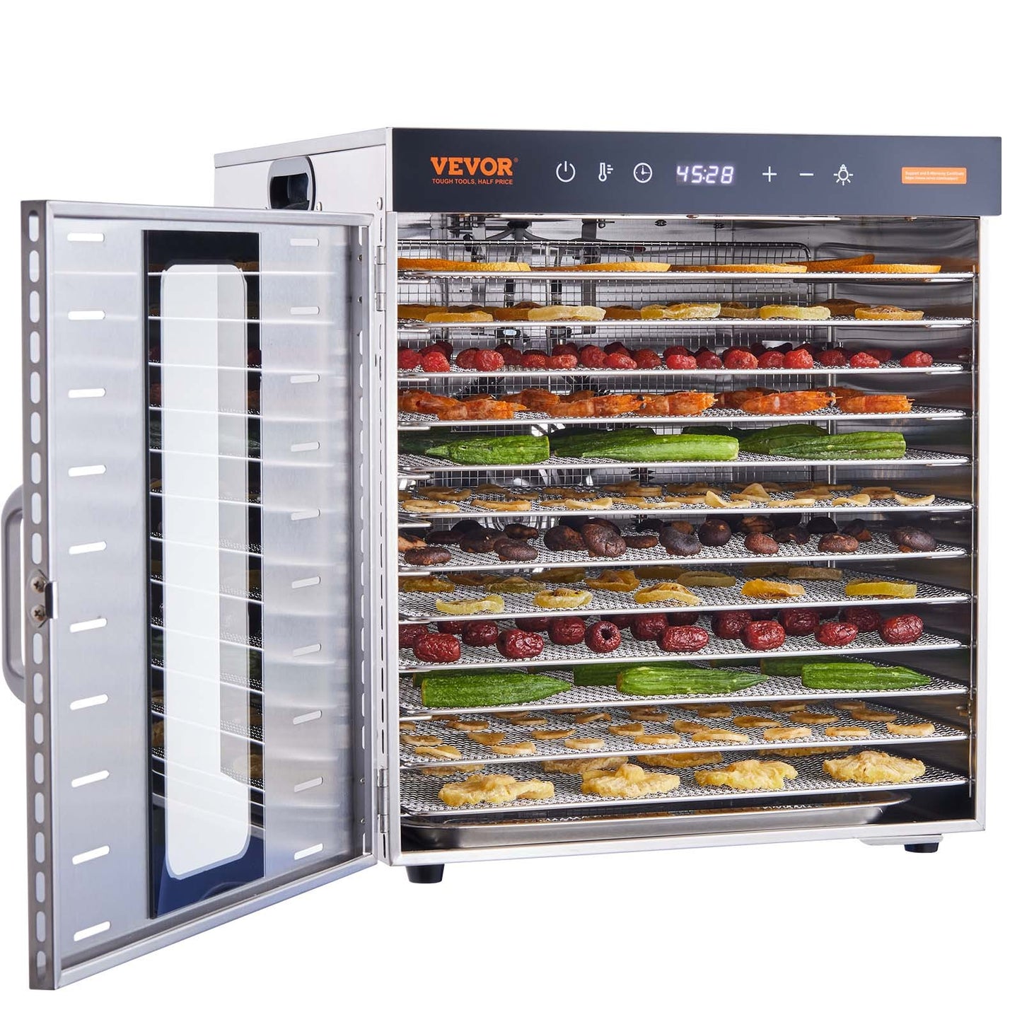 VEVOR-machine de déshydrateur de nourriture, 10 plateaux en acier inoxydable, séchoir électrique pour aliments 1000W avec minuterie numérique réglable et température pour le jerky, les herbes, la viande, le bœuf, les fruits, les friandises