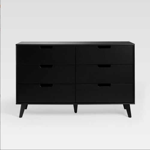 Commode Hans 6 tiroirs – Style mid-century, noire avec poignées découpées
