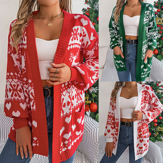 Cardigan tricoté de Noël pour femme – Manches lanterne, motif cerf, coupe oversize avec poches