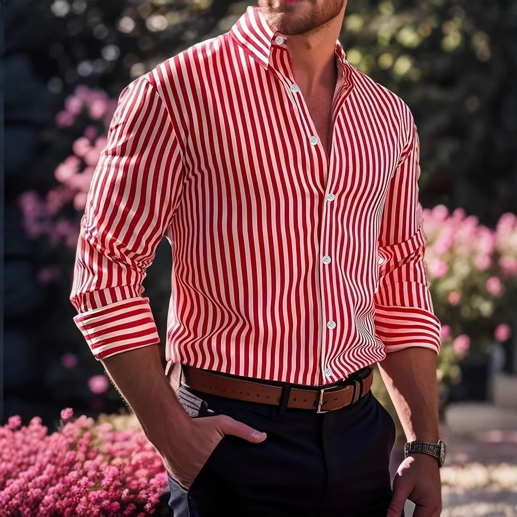 Chemise Homme à Rayures – Manches Longues, Col Revers, Style Décontracté