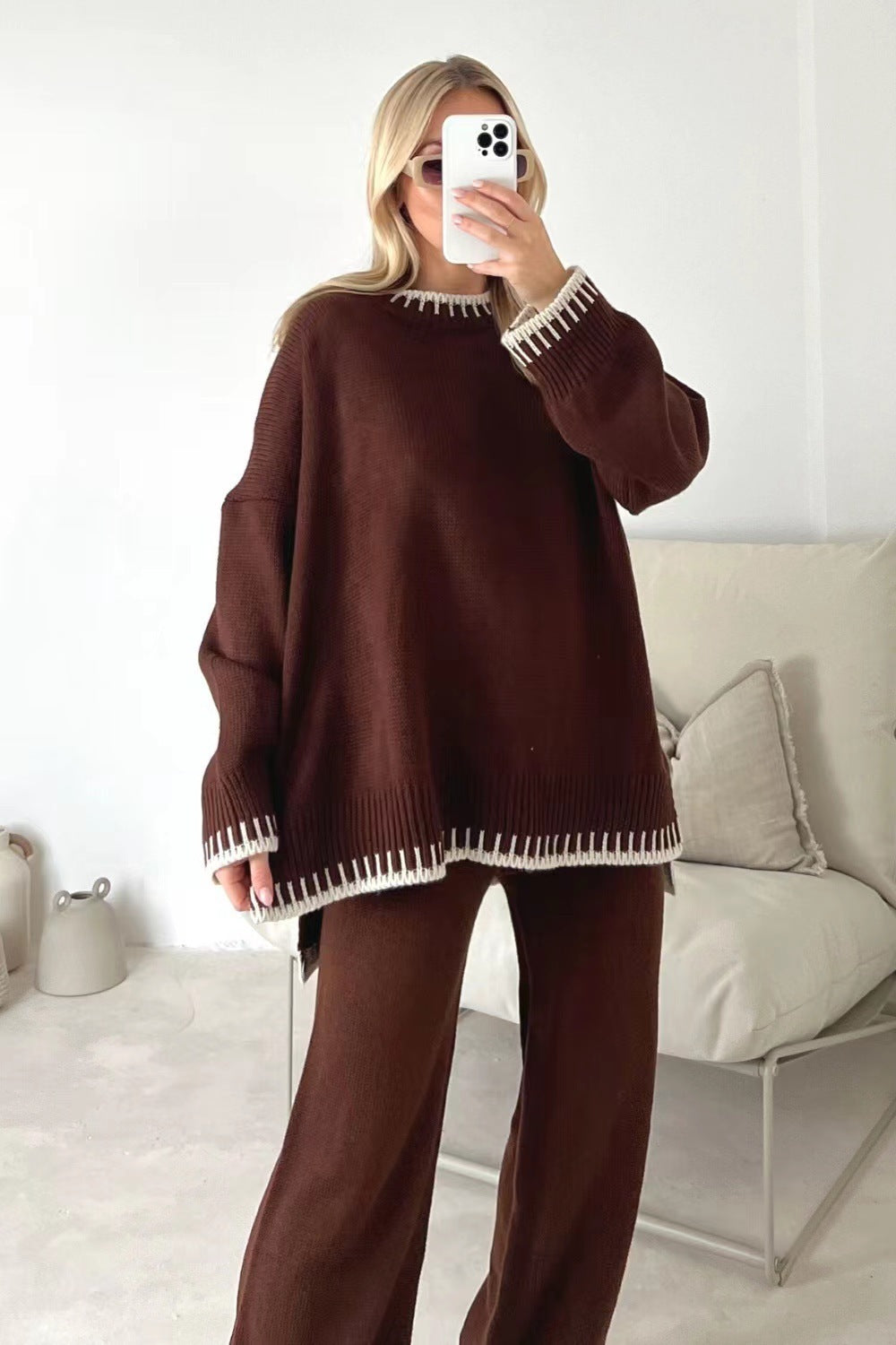 Ensemble femme deux pièces – Pull à manches longues fendue et pantalon droit large