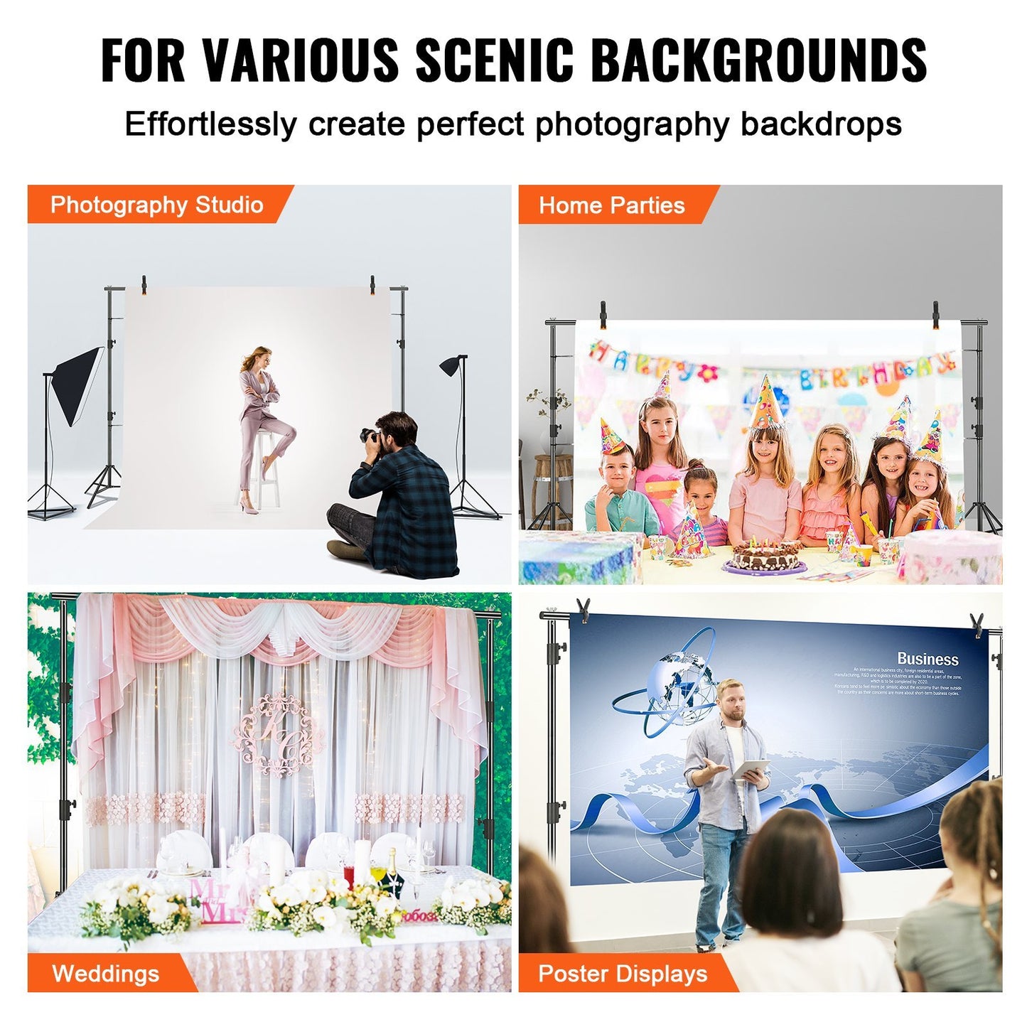 Support de fond pour photographie de haute résistance VEVOR, dimensions 11,48 x 9,58 pieds. Hauteur réglable, système de support de fond complet avec 6 pinces et sac de transport inclus.
Idéal pour les mariages, fêtes, expositions, photos professionnelles