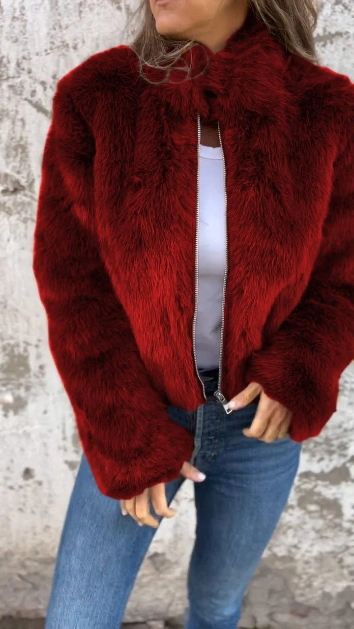 Veste en peluche femme – Col montant zippé, style décontracté hiver