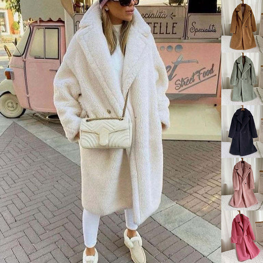 Manteau en polaire mouton à col – Manteau en fausse fourrure épais, chaud et long pour femme