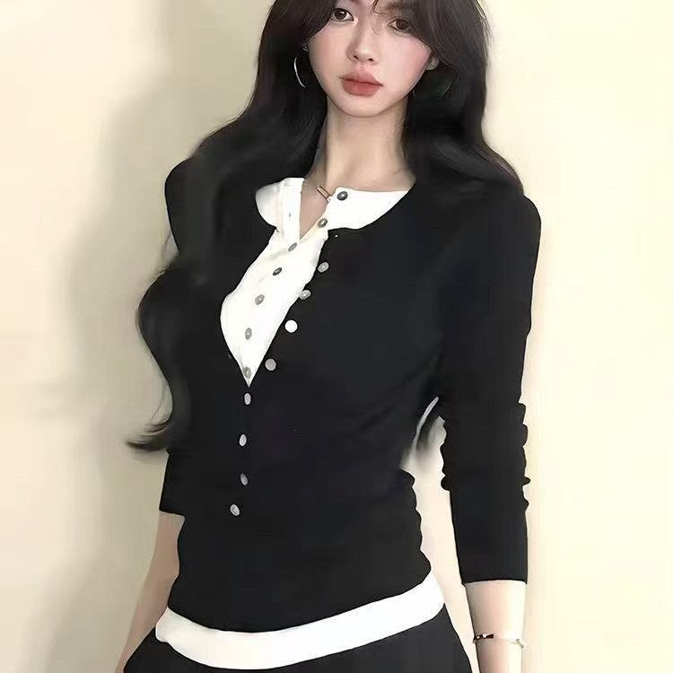 Haut de base femme noir en maille – Effet deux-pièces