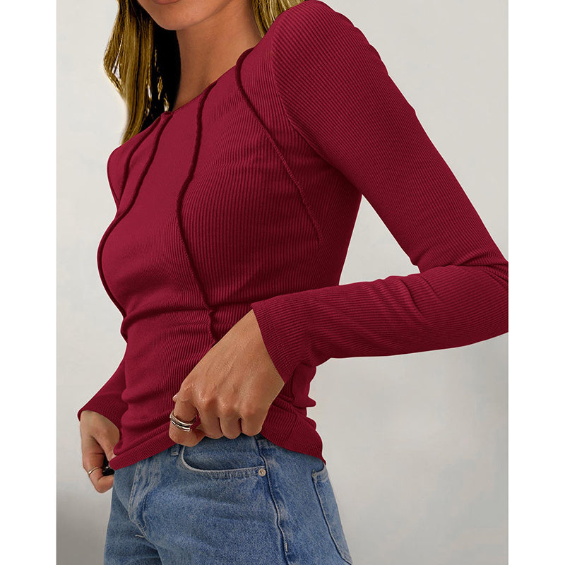 T-shirt Femme Manches Longues Col Rond – Coupe Ajustée, Mode Automne