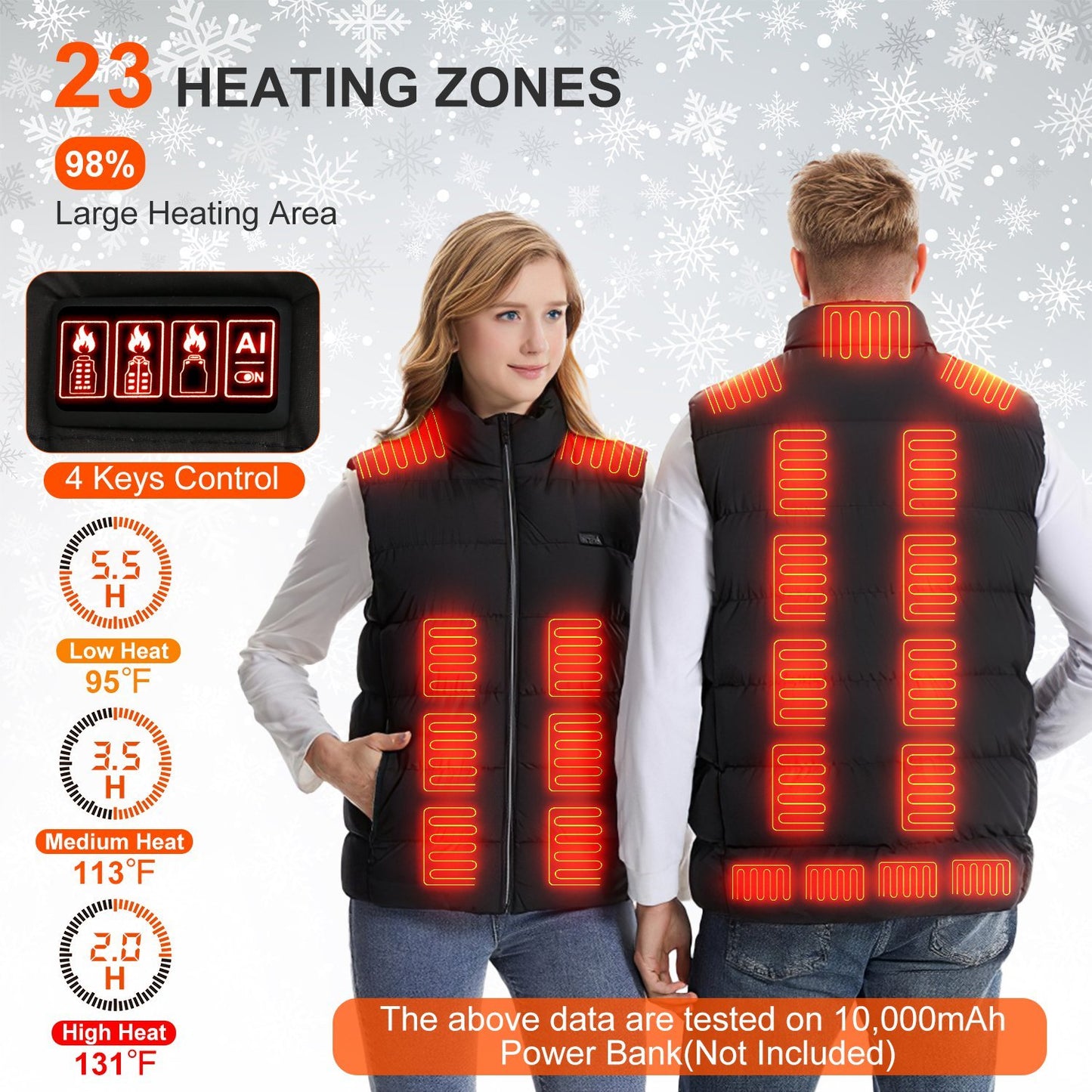 Gilet chauffant unisexe – 23 zones de chauffage, 3 niveaux de chaleur, USB, lavable en machine – Idéal pour l’hiver, randonnée, ski, patinage et activités extérieures