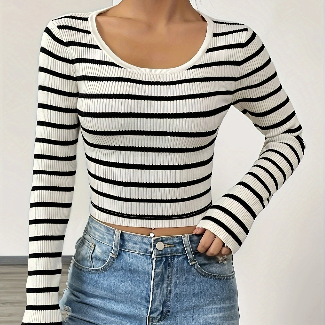 Haut Femme à Rayures – T-shirt Tricoté Ajusté à Manches Longues
