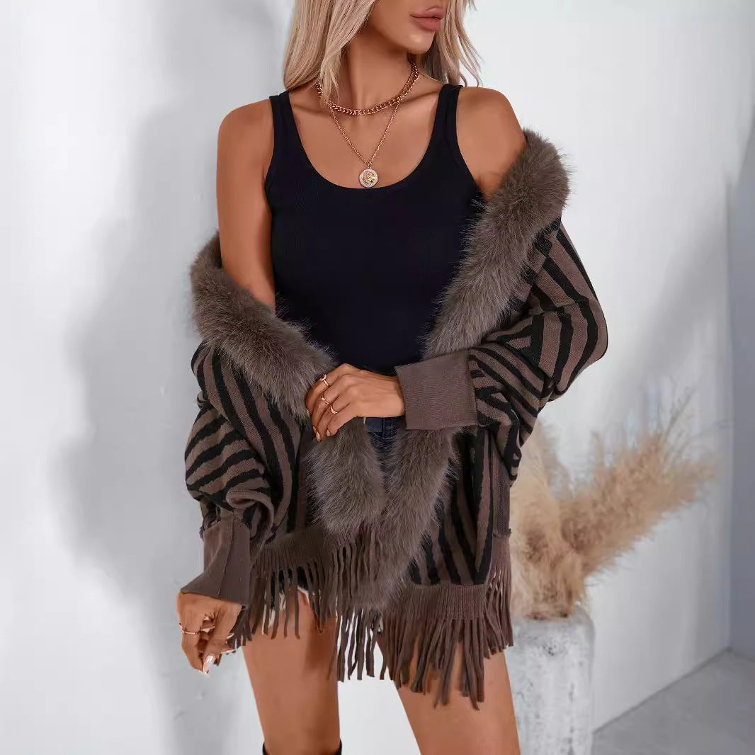 Châle cape tricotée à rayures avec franges – Mode automne & hiver style européen et américain