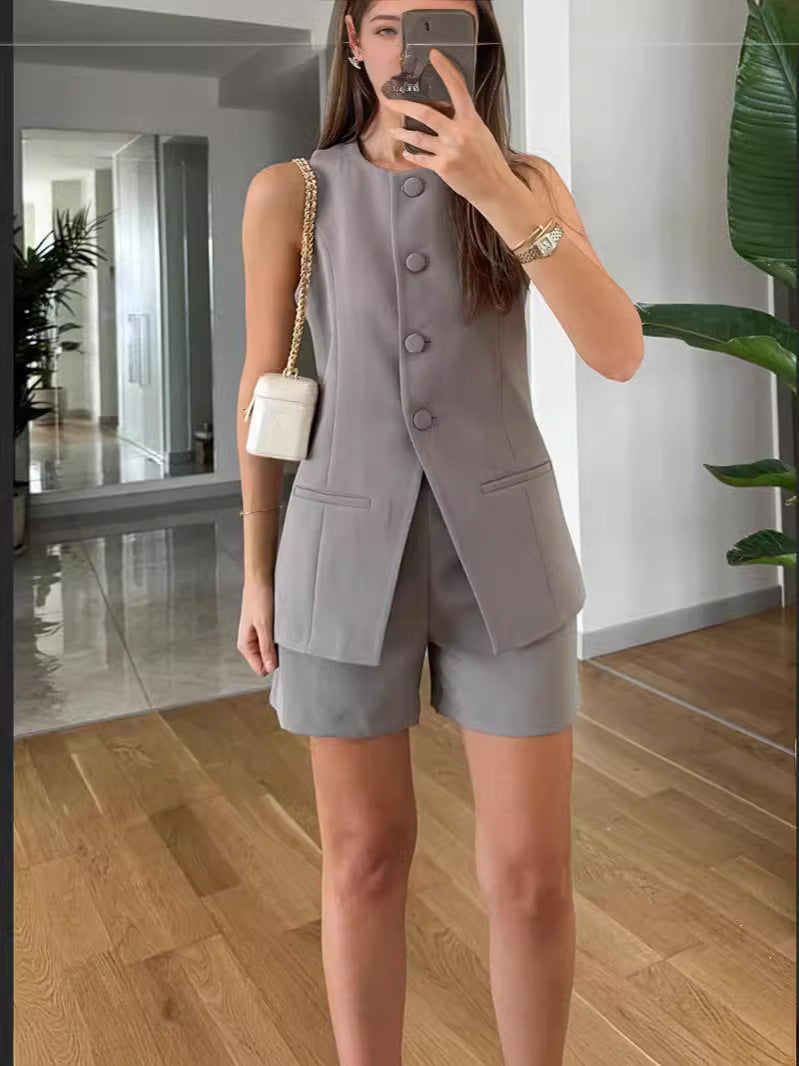 Ensemble 2 pièces sans manches, col rond, boutons, pantalon taille haute – Costume professionnel / de travail 