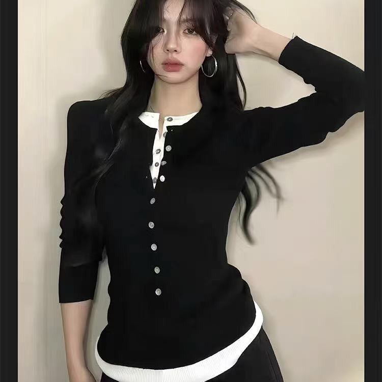 Haut de base femme noir en maille – Effet deux-pièces