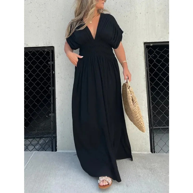 Robe Longue d’Été Femme – Manches Chauve-Souris, Col en V, Taille Élastique et Fente Élégante