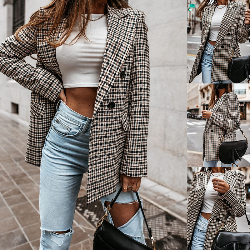 Veste Longue Femme à Carreaux – Manteau Blazer d’Hiver Élégant et Chaud