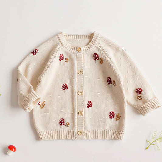 Cardigan tricoté pour enfants – Champignon mignon brodé en coton