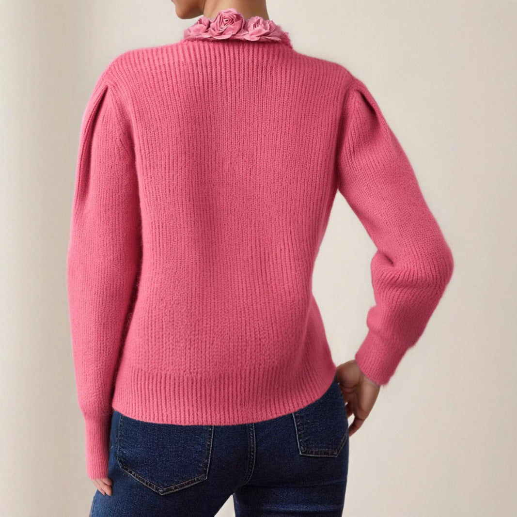 Pull col en V “Rose Française” – Automne & Hiver